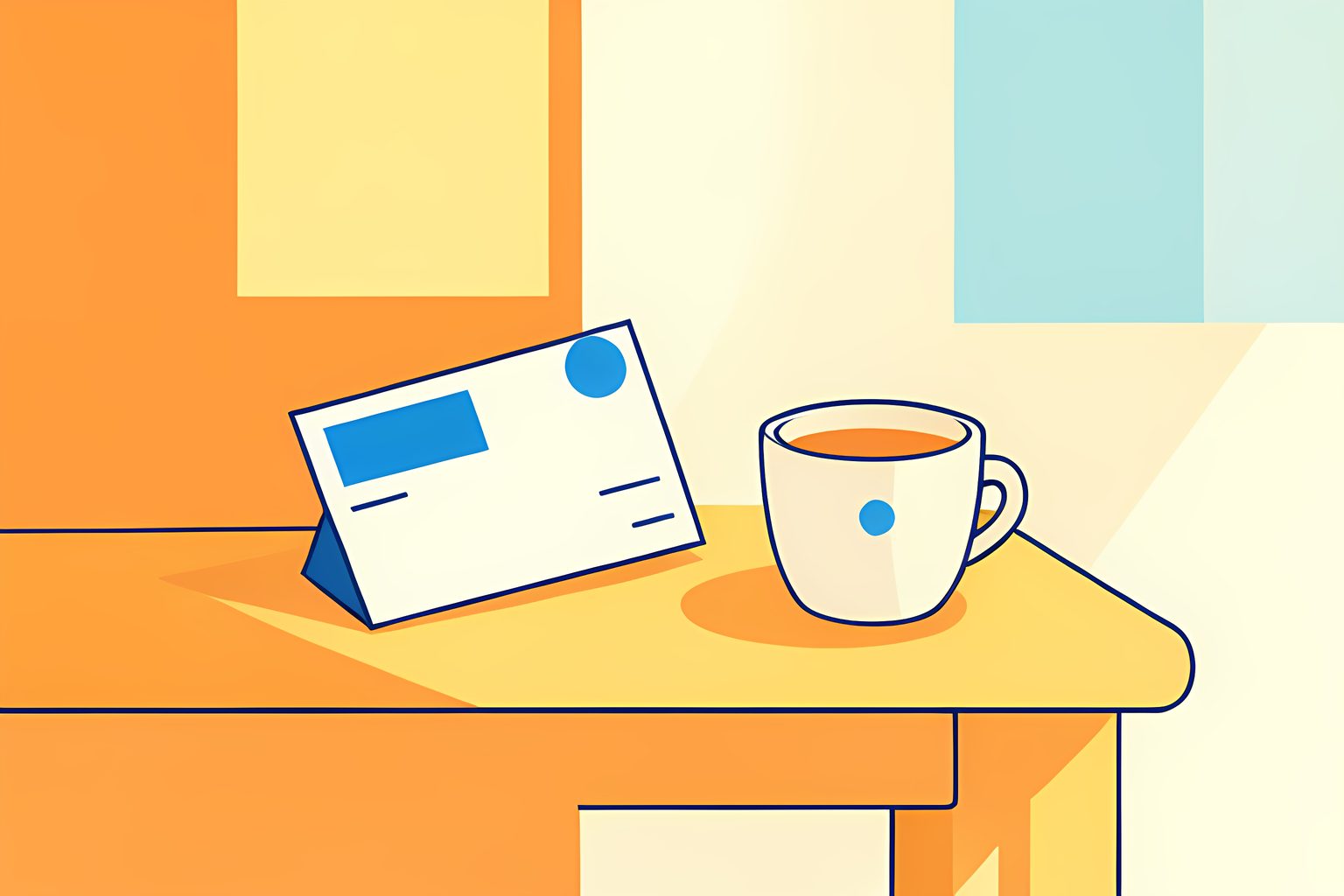 A still life of a blank boarding pass and a plain paper voucher lying beside a cup on a low table, warm side light, one round blue dot tucked near the corner.