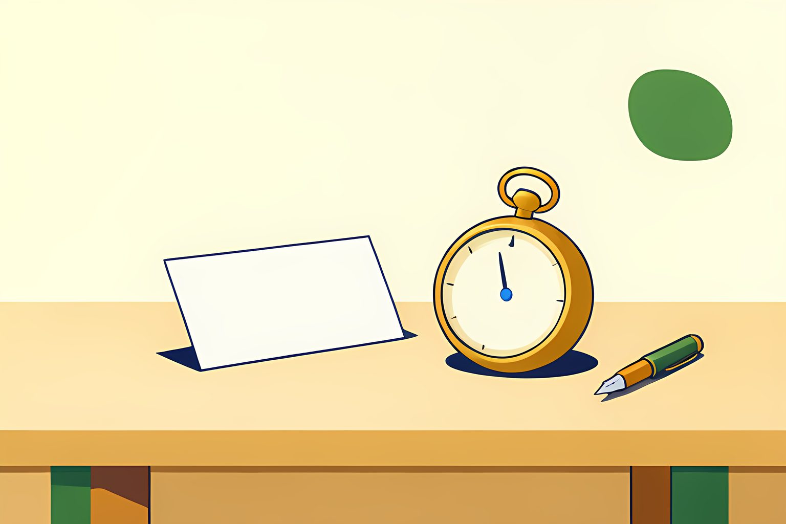 A clean blank lottery ticket and a brass pocket watch resting on a low wooden counter under clear side lighting on warm cream.
