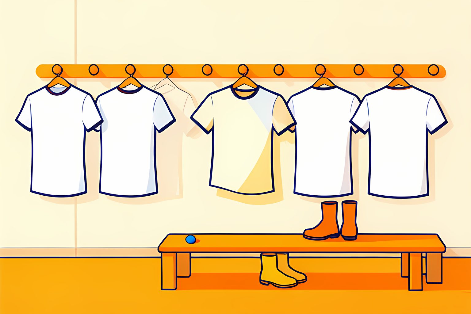 Illustration of a long row of identical plain white football shirts hanging on wooden pegs in a sunny dressing room, with one shirt in the middle swinging slightly as if just chosen.