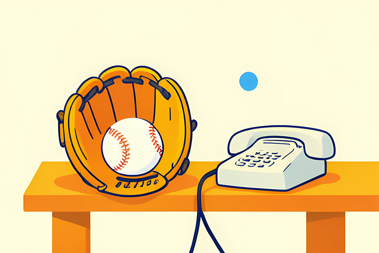 A clean baseball rests in an open glove beside a plain bullpen phone under warm side light.
