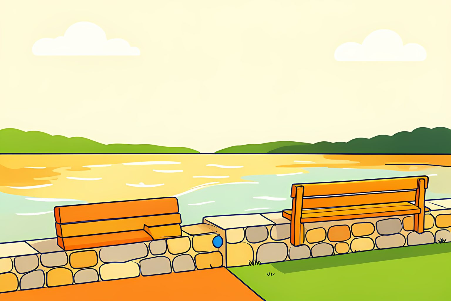 A simple wooden bench overlooking gentle blue water waves and a distant grassy shoreline in warm morning light with a small blue dot