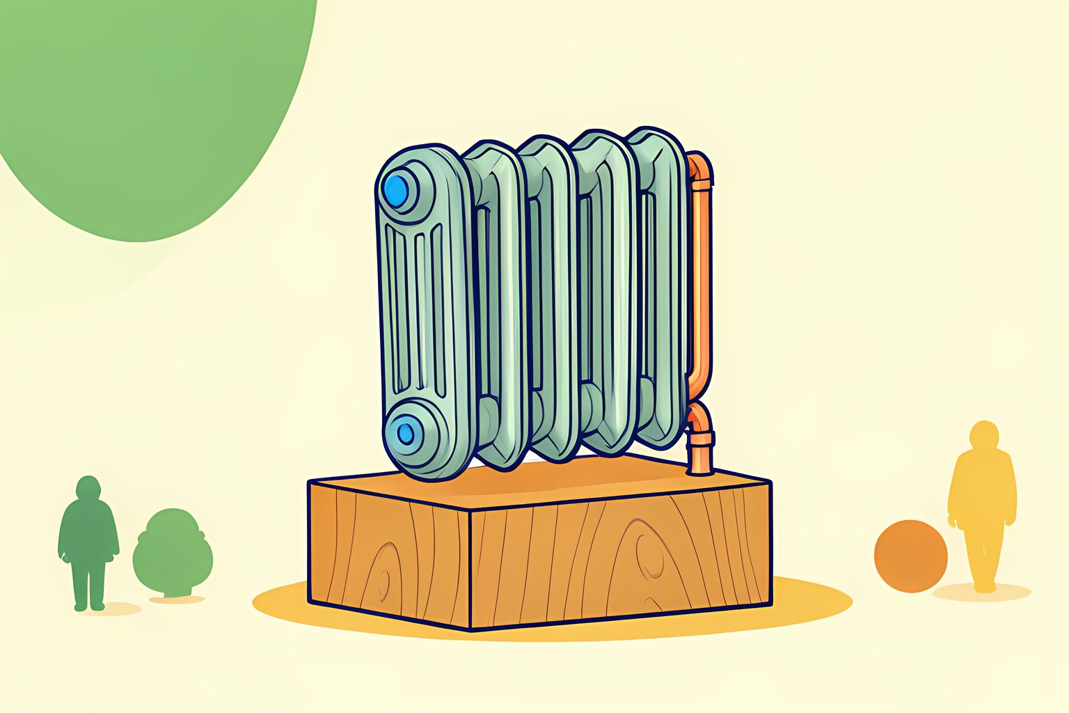 A warm stylized still-life of a sleek radiator panel with polished metallic fins reflecting morning light on an oak pedestal with a small blue dot