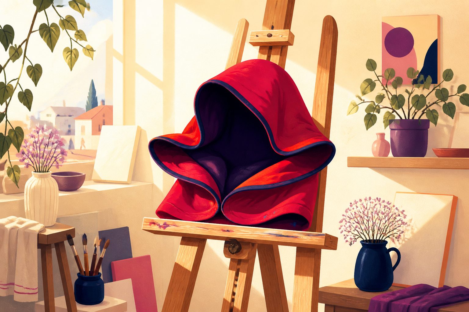 A stylized fabric mask resting gently on a wooden studio easel, with soft morning light illuminating fine webbing patterns.