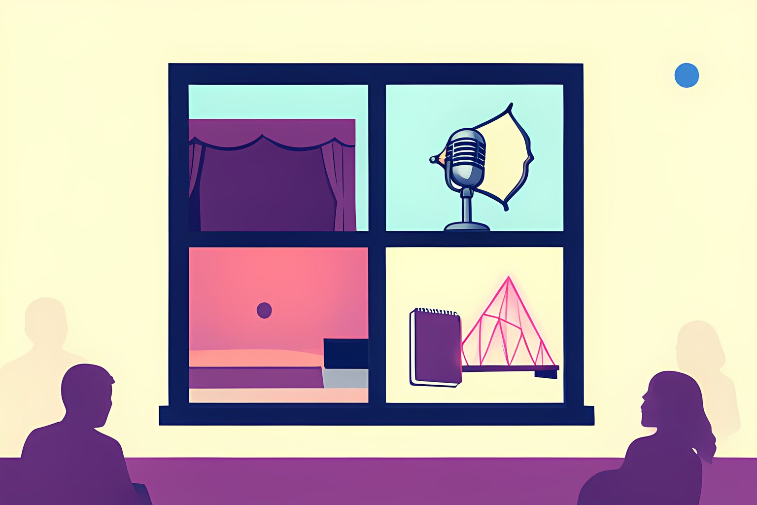 A bright, text-free wide scene of five unbranded creative worlds meeting at a warm studio window: a small theater stage, a plain bow on a stand, a vintage microphone, a blank notebook and a glowing geometric bridge, with no people or logos.