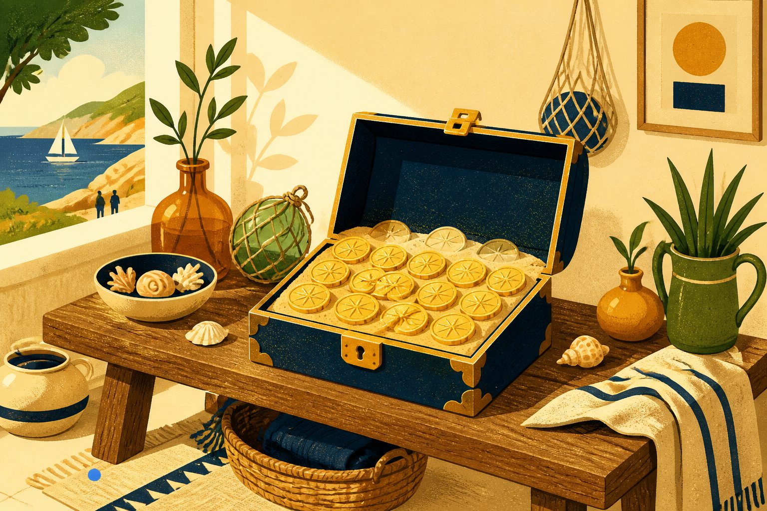 A small open treasure chest on a low wooden table holding exactly twenty-one glowing coin shapes, with a few coins near the back rendered translucent or half-buried in a small mound of sand.