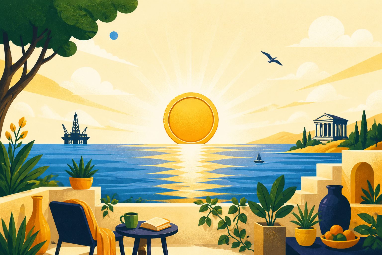 A single glowing coin-shaped object rising above a calm ocean horizon at sunrise, with tiny distant silhouettes of an oil derrick, a bank building, and a bird in flight scattered across a big open sky.