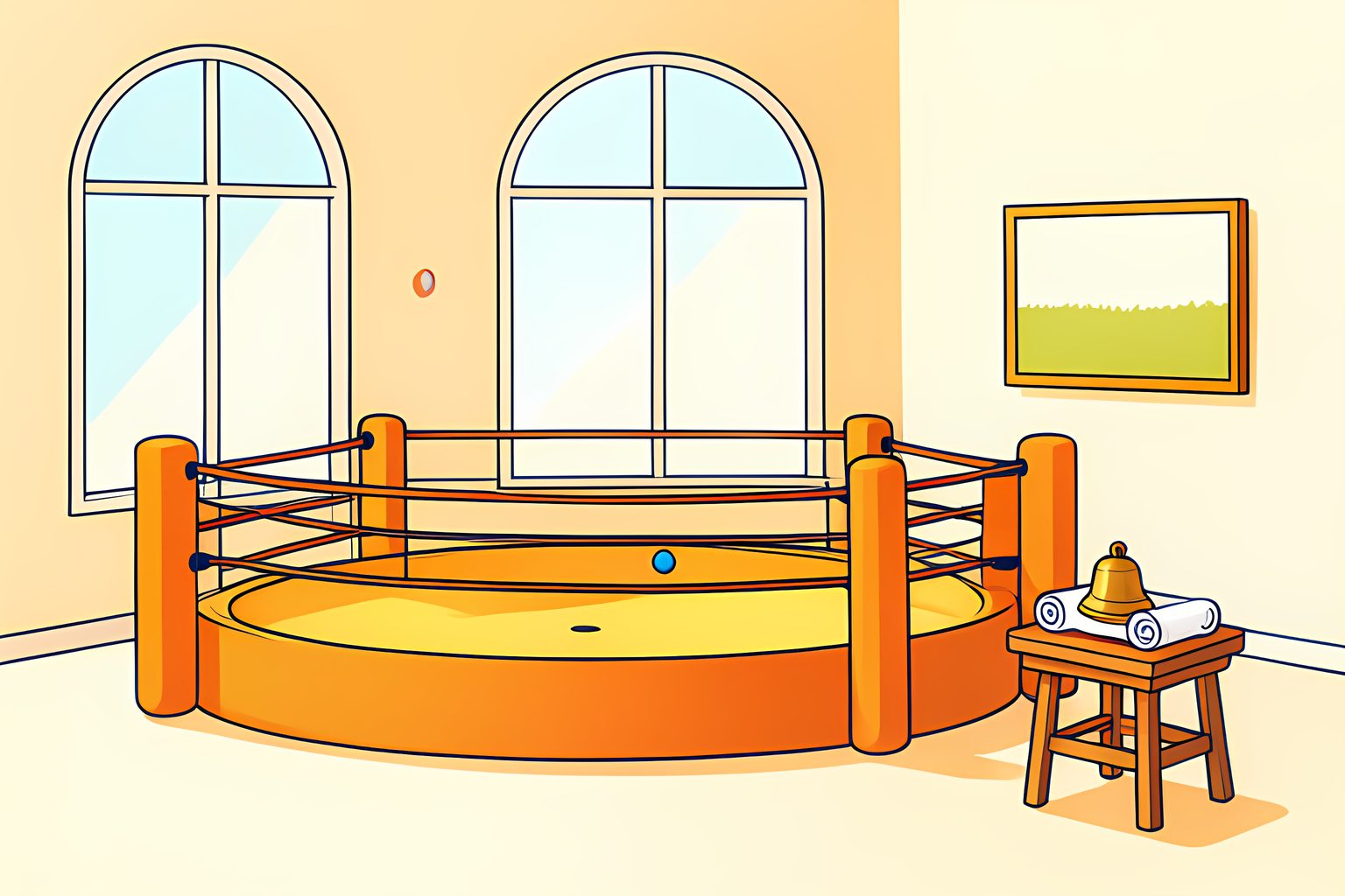 Illustration of an empty round fighting ring with four ropes in bright morning light, two short lines on the canvas, a pair of rolled white hand wraps on a stool and a small old-fashioned brass bell on a table beside it.