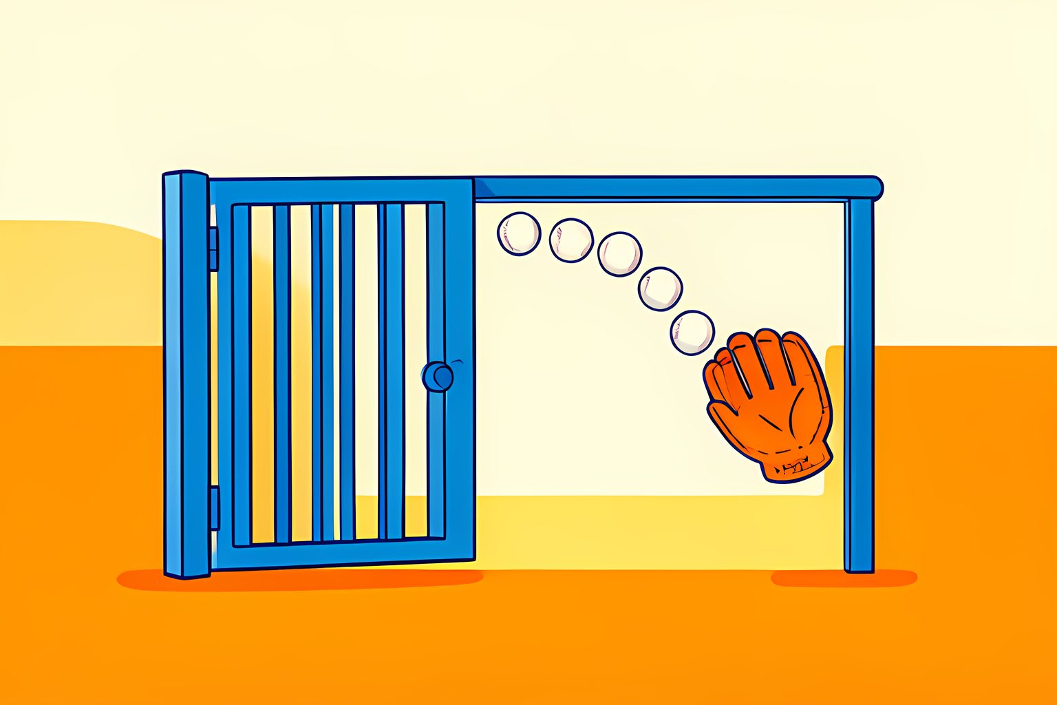 Ten baseballs follow a crisp arc through an open blue gate toward a waiting glove.