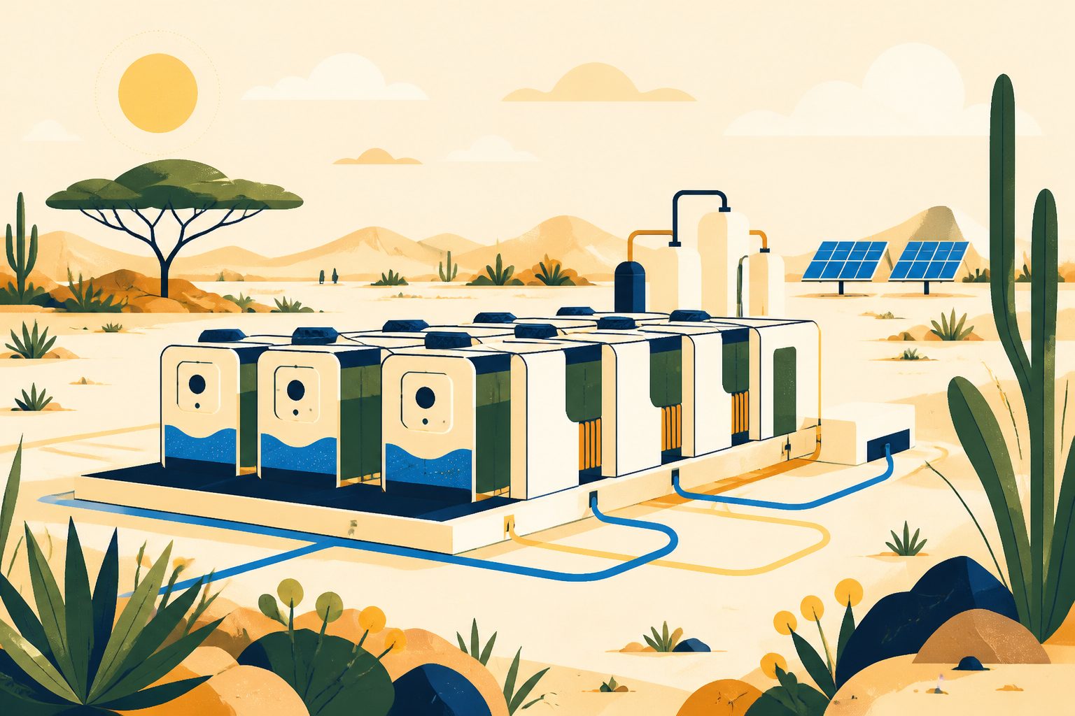 Stylized diagrammatic art of modular fuel cell structures arrayed across a sunlit cream desert floor.