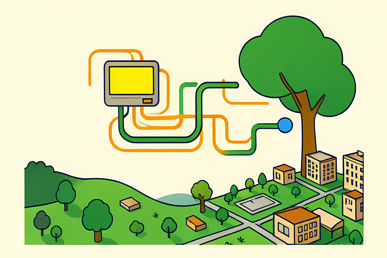 A diagram-as-art scene on warm cream: an abstract flow showing a glowing terminal screen branching into graceful navy and forest-green pathways that connect miniature city skylines, park trees, and open streets, with one tiny blue dot.