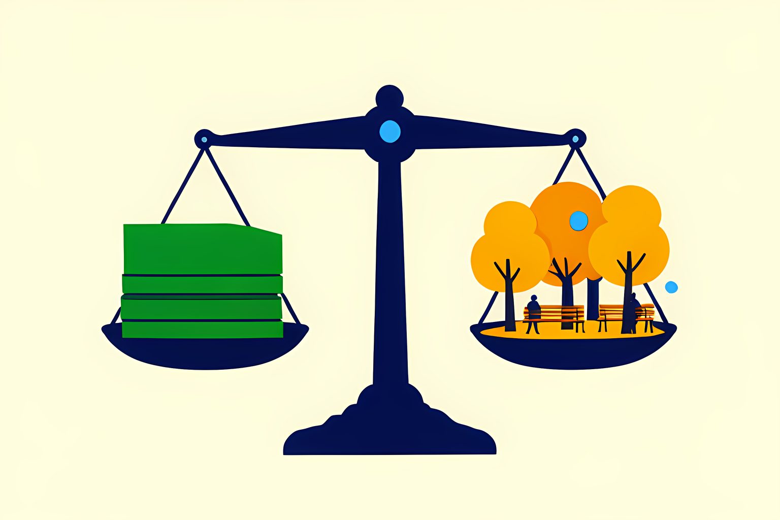 A visual metaphor on warm cream: a graceful balance scale in ink navy with one side holding a neat stack of blank market data tiles in forest green and the other side blooming with amber city trees and miniature park benches, with one tiny round blue dot.