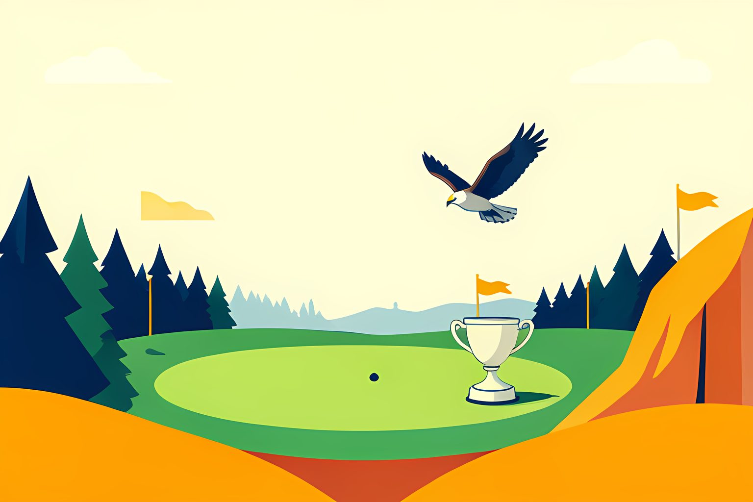 A stylized hawk glides above an empty evergreen-lined golf hole toward a cream trophy near the final green.