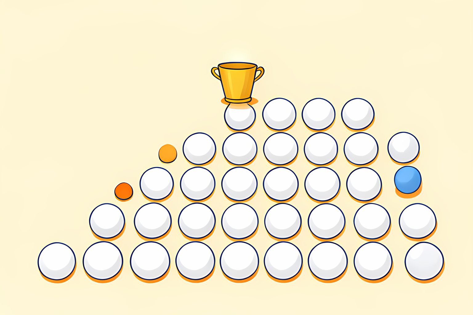 Seventy-eight plain golf balls form a cheerful pattern, with one golden cup breaking the final row.