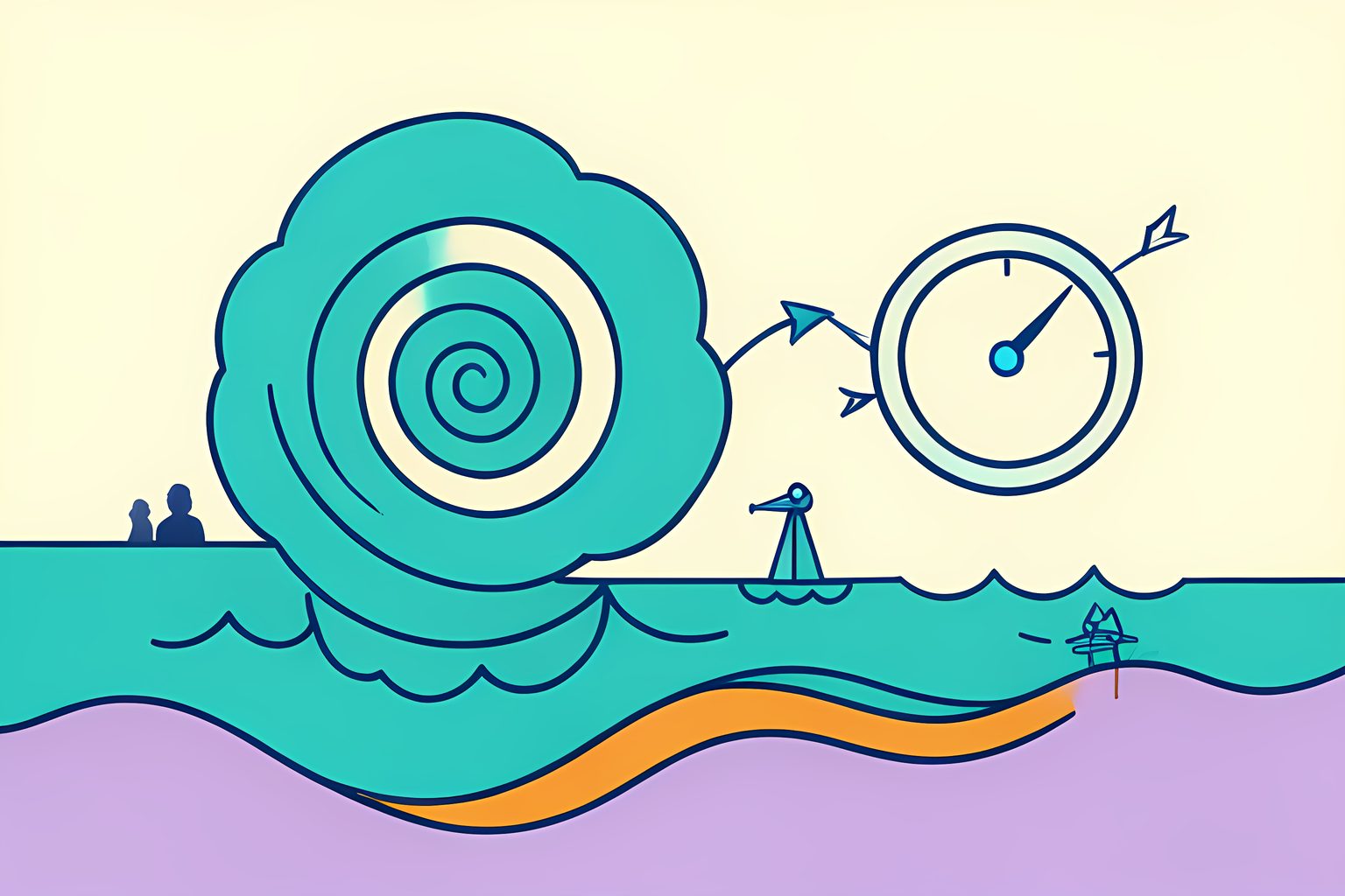 An abstract spiral of cloud bands drawn like a gently tightening coil beside a simple round gauge with a swinging needle, over a teal and violet sea, all in flat bright shapes.