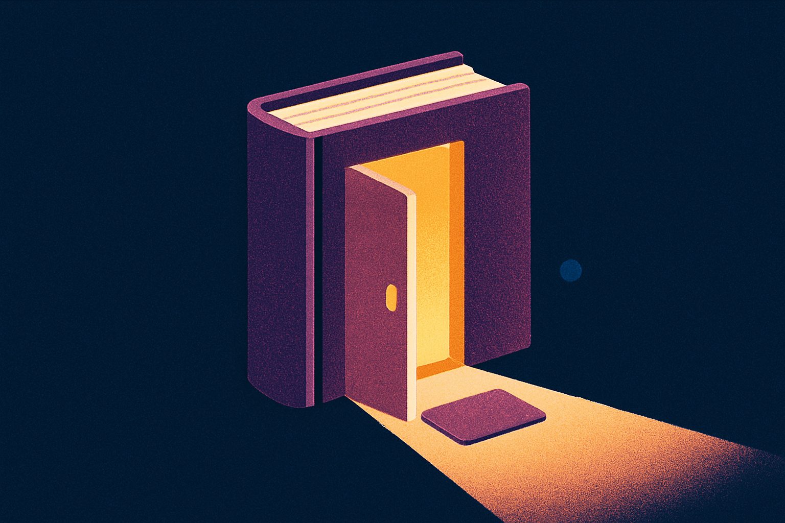Stylized illustration of a thick hardcover book standing open like a front door, with warm light spilling onto a small doormat in a dark room.
