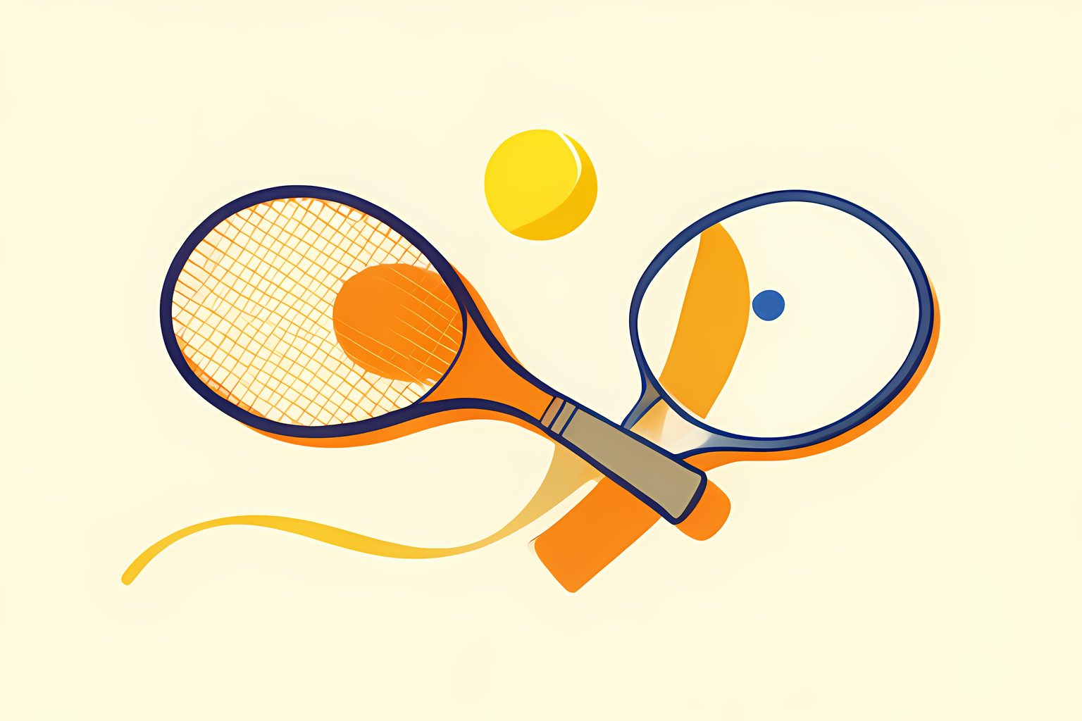 Two blank tennis racquets resting side by side on a low cream table, with one yellow ball casting a long straight shadow and another following a soft curved ribbon path.
