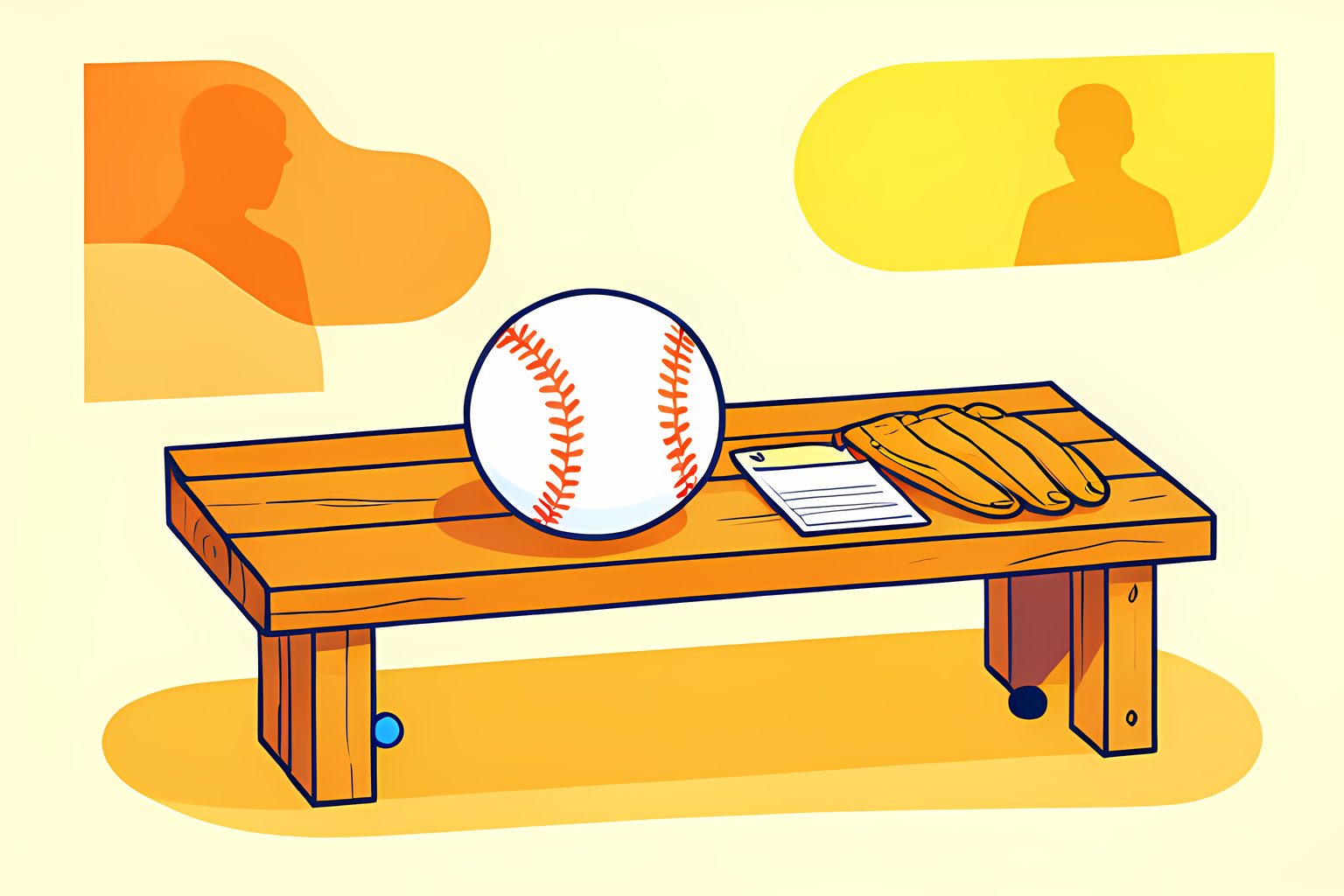 A baseball resting beside a leather glove and pitching chart under soft morning light on a wooden bench.