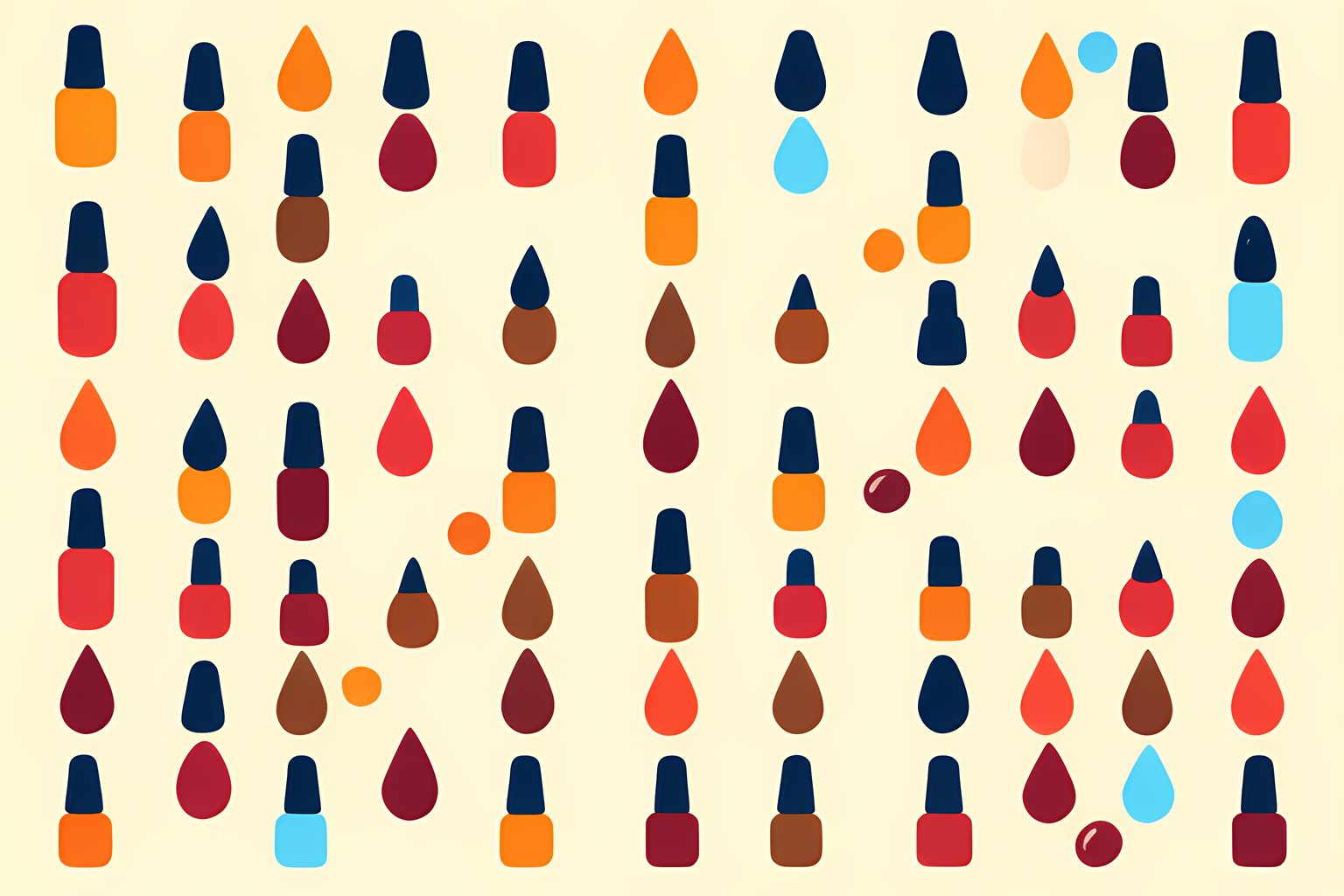 A bright, text-free pattern of small blank nail polish bottles and deep red, berry and wine-colored droplets, with one copper-toned droplet playfully breaking the pattern and a round blue dot.