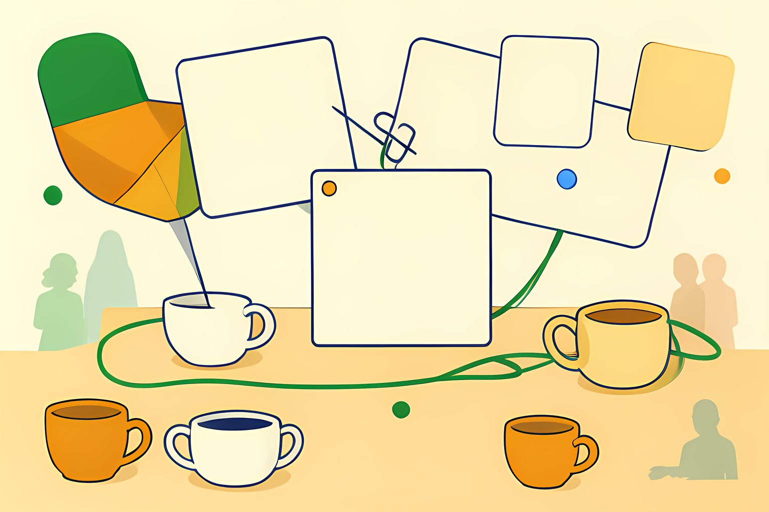 A bright, person-free web of blank index cards, unmarked cups and green string on a low table, with a small blue dot tucked beneath a paperclip.