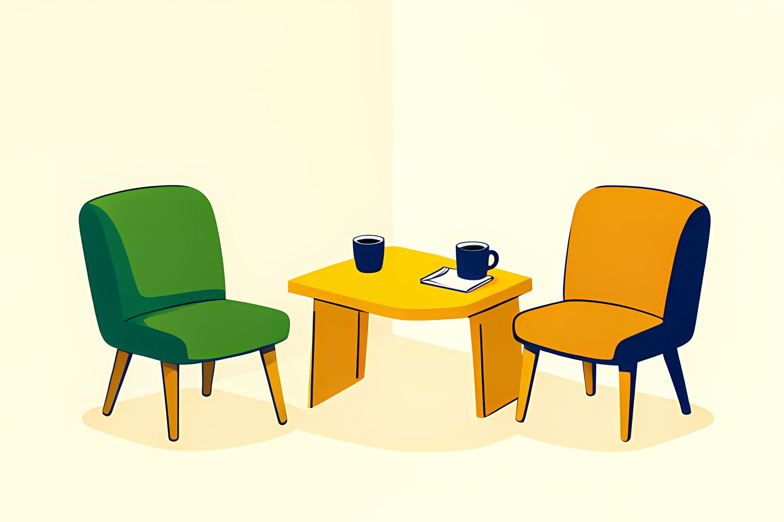 A sunny, person-free lobby corner with two plain chairs, a low table holding unmarked cups and a blank card shape, plus a small blue dot beside a folded napkin.