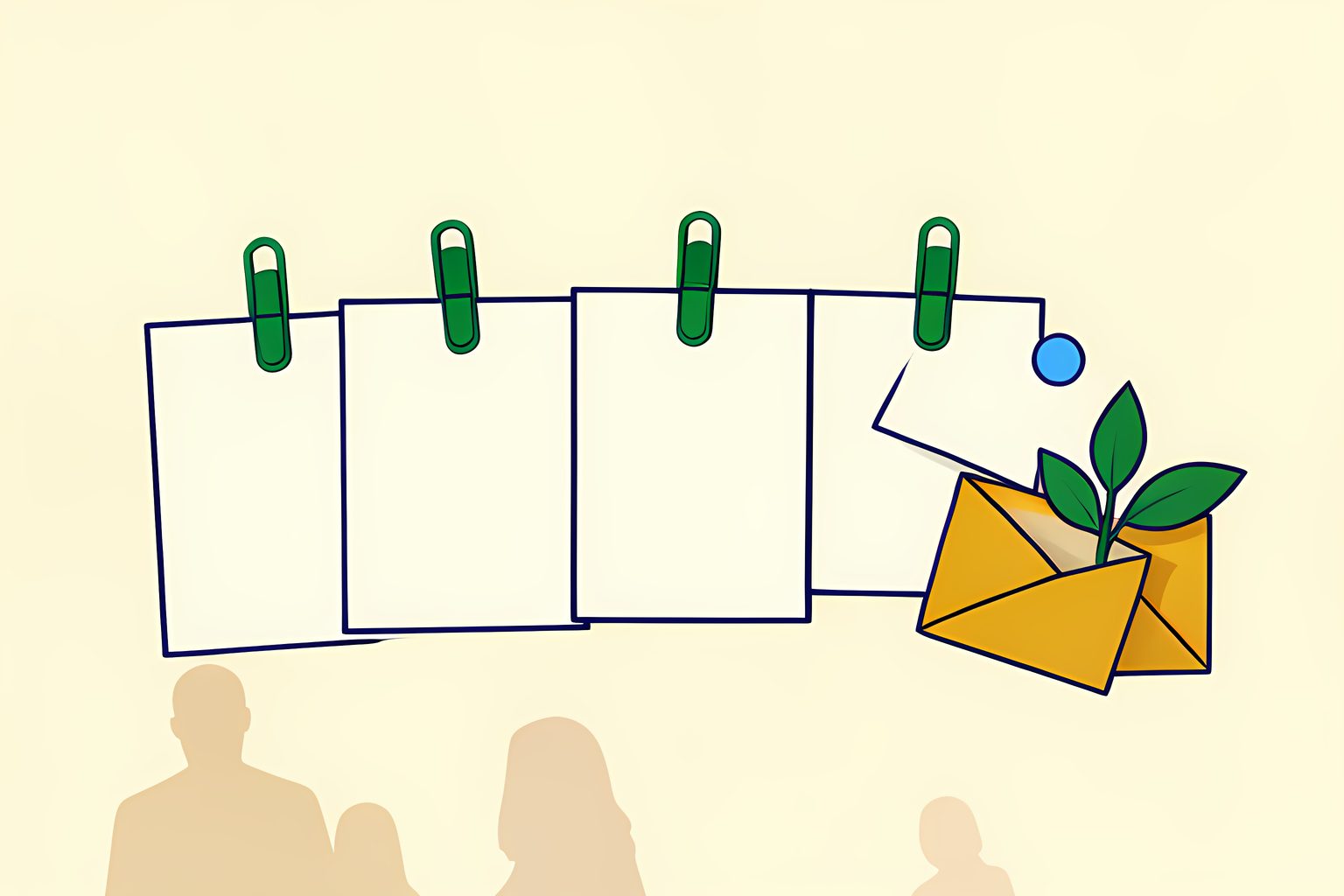 A playful row of five blank correspondence cards held by green paper clips, with one card lifting toward an open envelope beside a sprouting plant and a tiny blue dot.