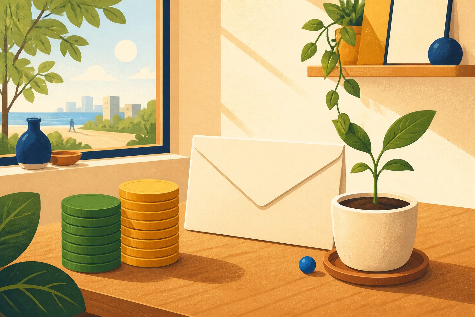 A bright flat still life of two stacks of unmarked green and amber coins beside a plain pay-envelope shape and a small potted sprout on a low sunlit table, with a round blue dot, no people or text.