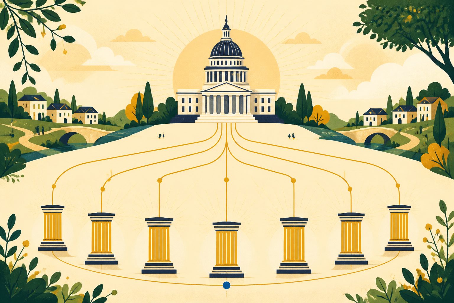 A bright stylized diagram of a state seal connected by clean golden lines to county courthouse columns on warm cream paper.