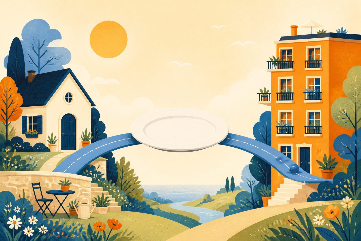 A blank white license plate balanced between a small cream cottage and a sunny orange apartment building, linked by an unlabelled curved blue road with a tiny blue dot and no people.