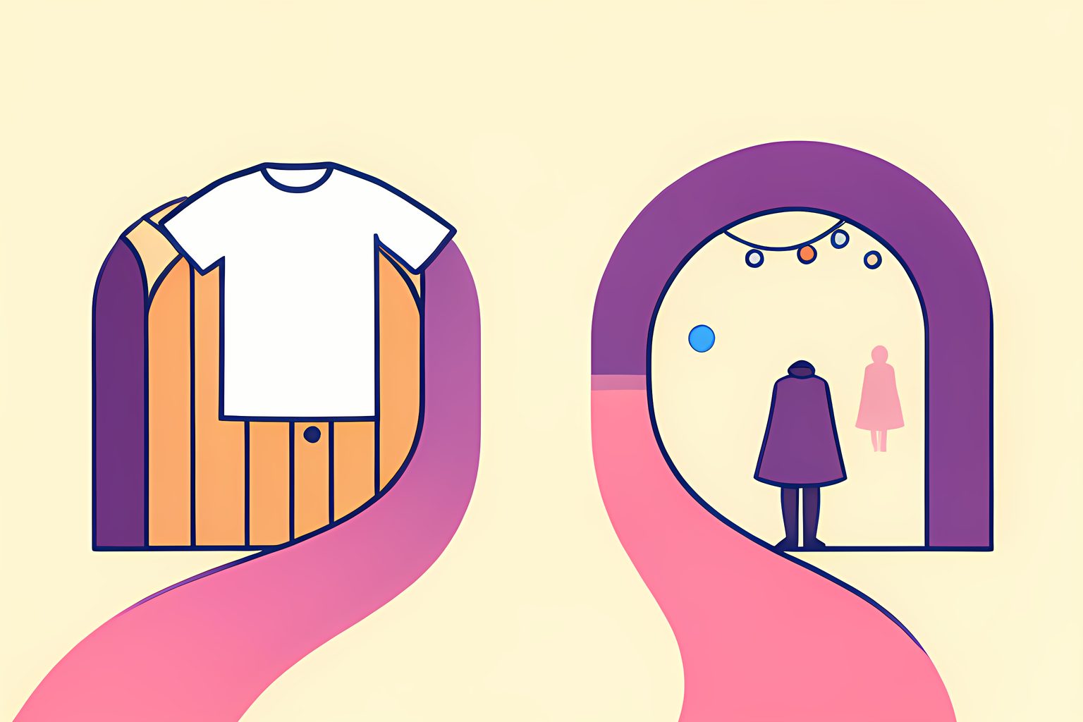 A bright text-free fork of two pathways, one with a plain shirt at a daytime gate and one with a short cape at a festive evening arch.