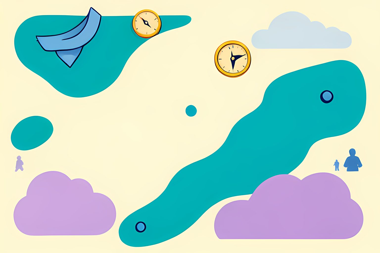 A warm, text-free illustrated map of the United States made from gentle cream and teal landscape shapes, with a small golden compass, a folded blue scarf, a few soft cloud forms, and one tiny round blue dot.