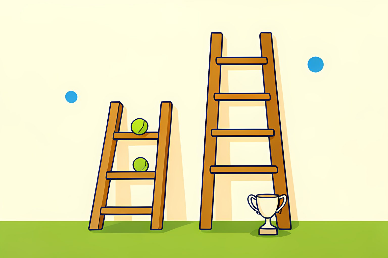 Illustration of two wooden ladders leaning side by side against a sunny cream wall, one short and one taller, with a tennis ball resting on a middle rung of each.