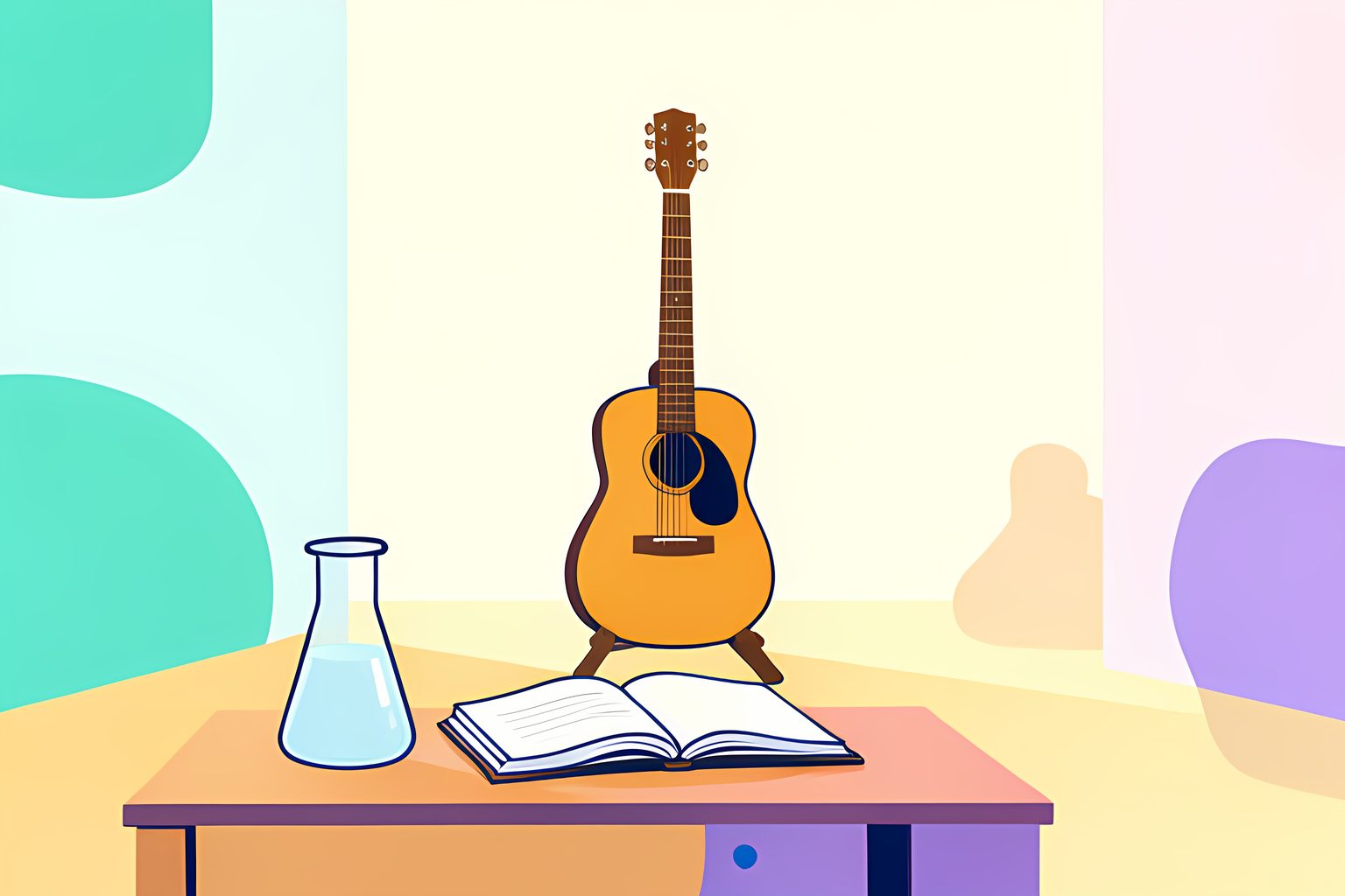 An acoustic guitar, a medical notebook, and a small glass vial rest quietly on a sunlit wooden tabletop bathed in warm morning light.