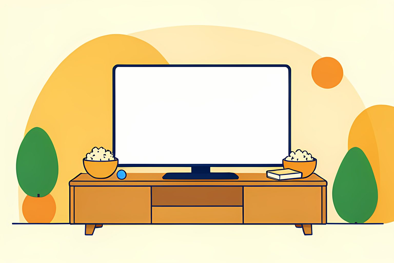 A warm living room scene with a glowing blank television screen, a bowl of popcorn, and a plain closed book on a low table, in forest green and amber on a cream background