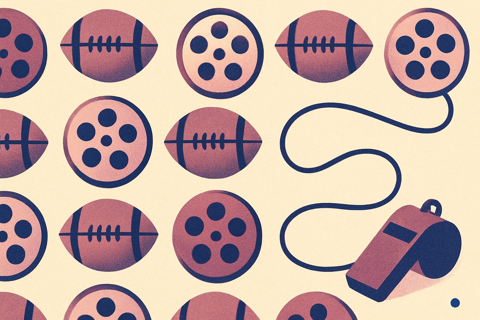 A pattern of footballs and film reels includes one reel whose loose strip curls into a coaching diagram.