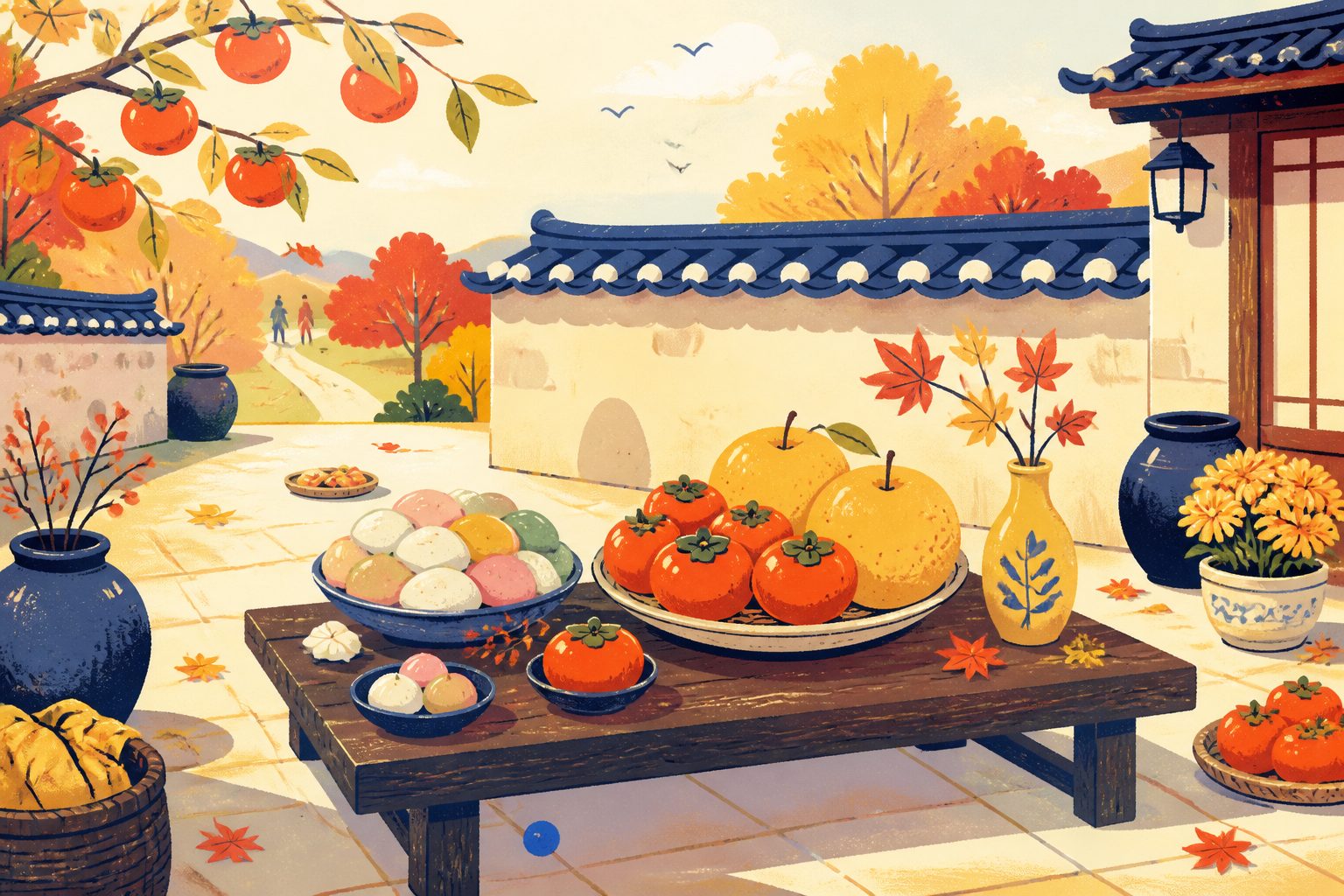 A peaceful stylized autumn scene showing a low wooden table with bowls of colorful half-moon rice cakes and seasonal fruits bathed in warm morning light