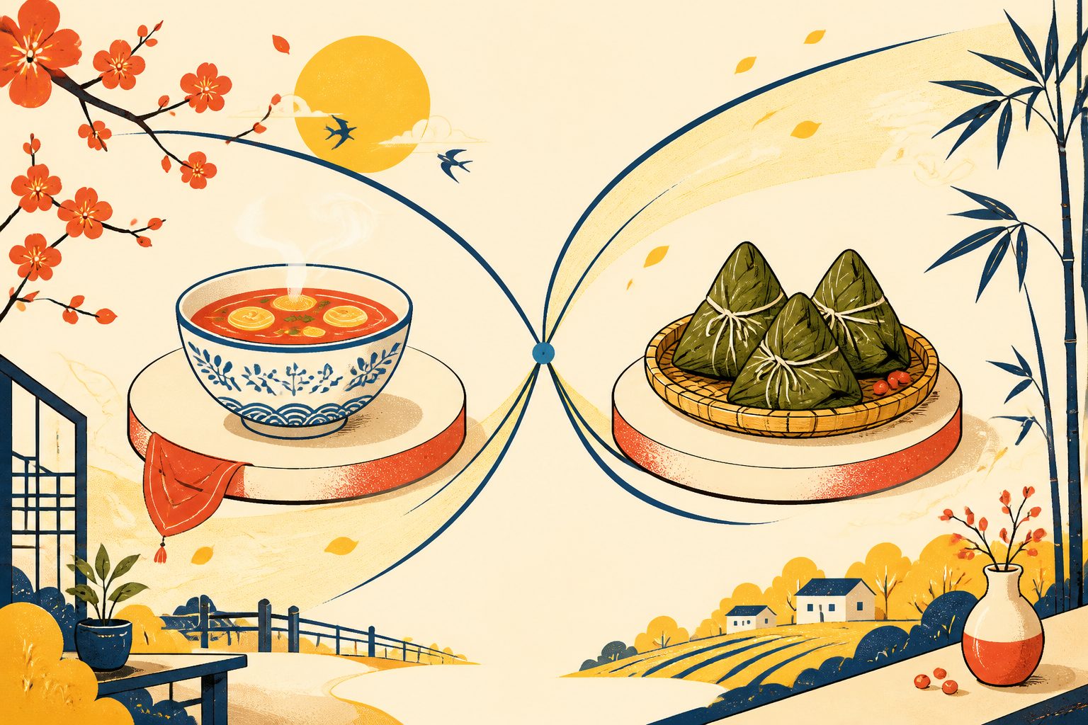A clean side-by-side composition showing a bowl of sliced rice cake soup next to a plate of colorful half-moon cakes on a wooden surface