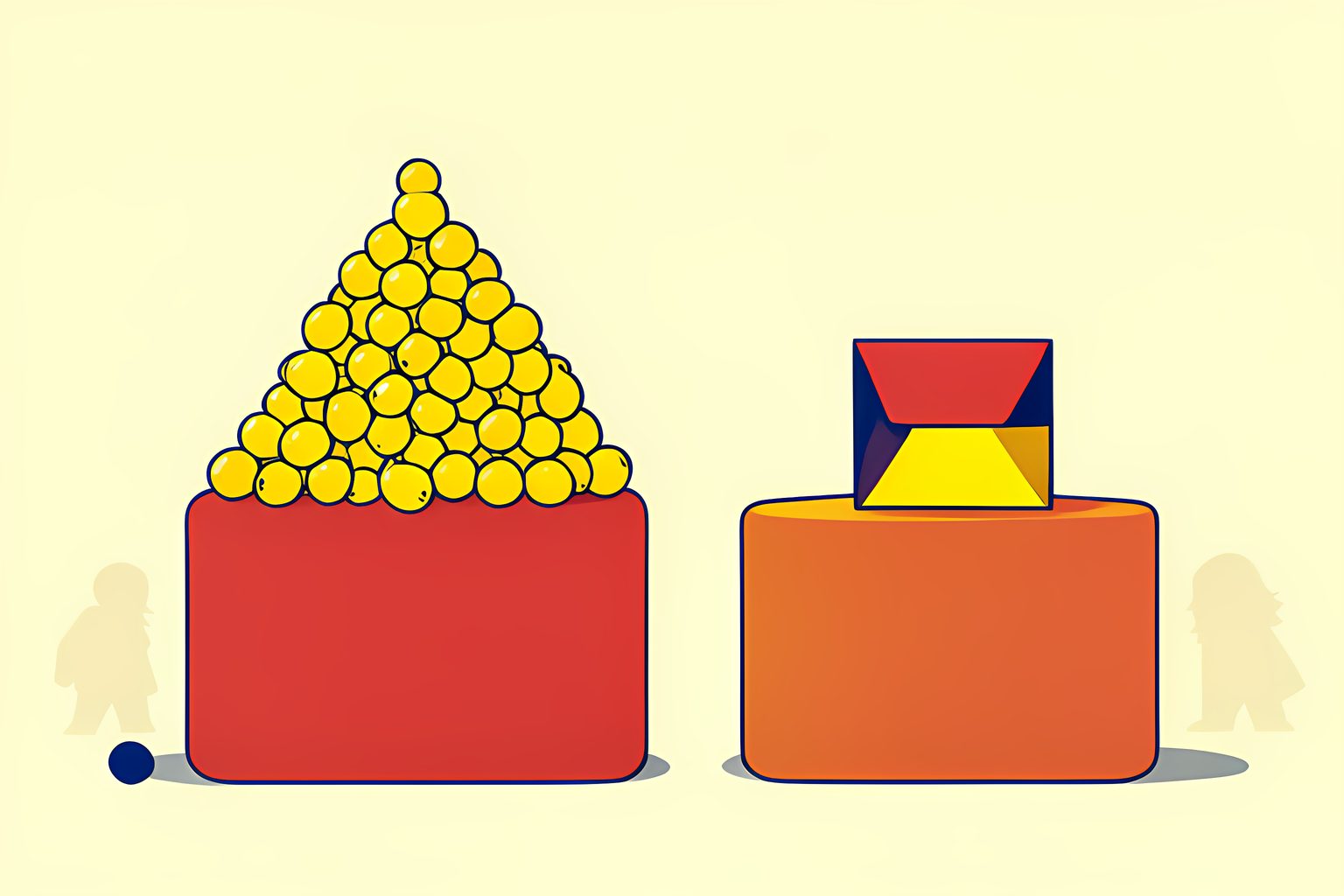 A visual comparison showing a golden mountain of crisp theater popcorn beside a folded flat paper microwave bag on a warm cream surface.