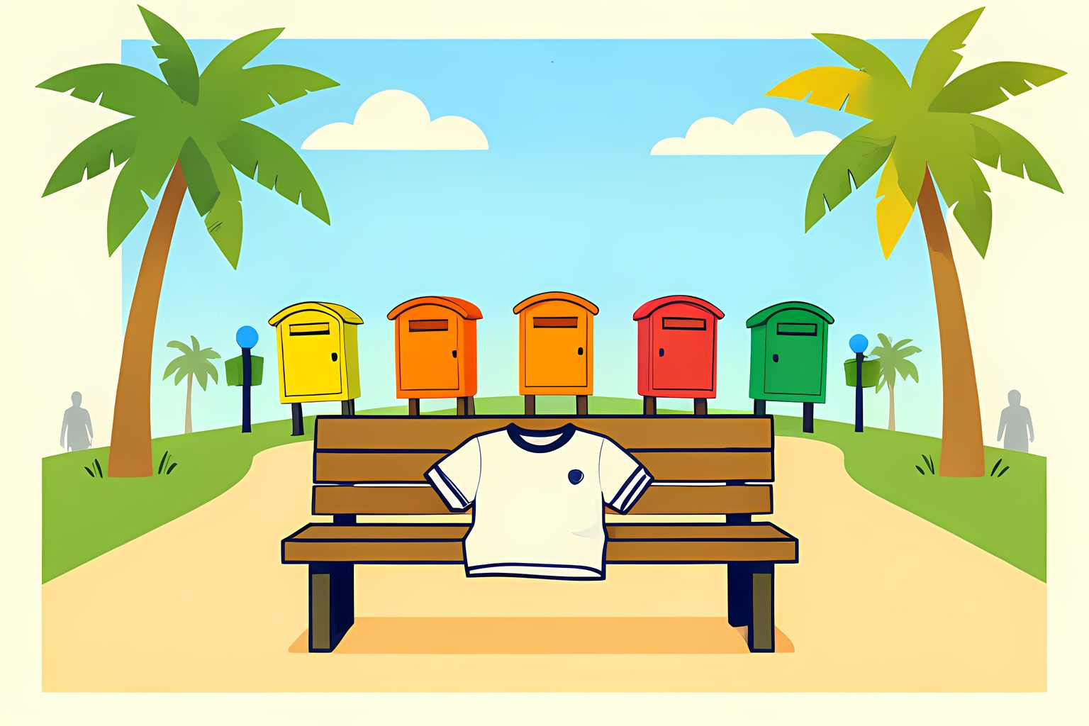 A sunny flat illustration of a small wooden bench in a front yard with a folded football jersey resting on it, a row of seven brightly painted mailboxes curving down a lane behind it, and palm trees under a clear morning sky.