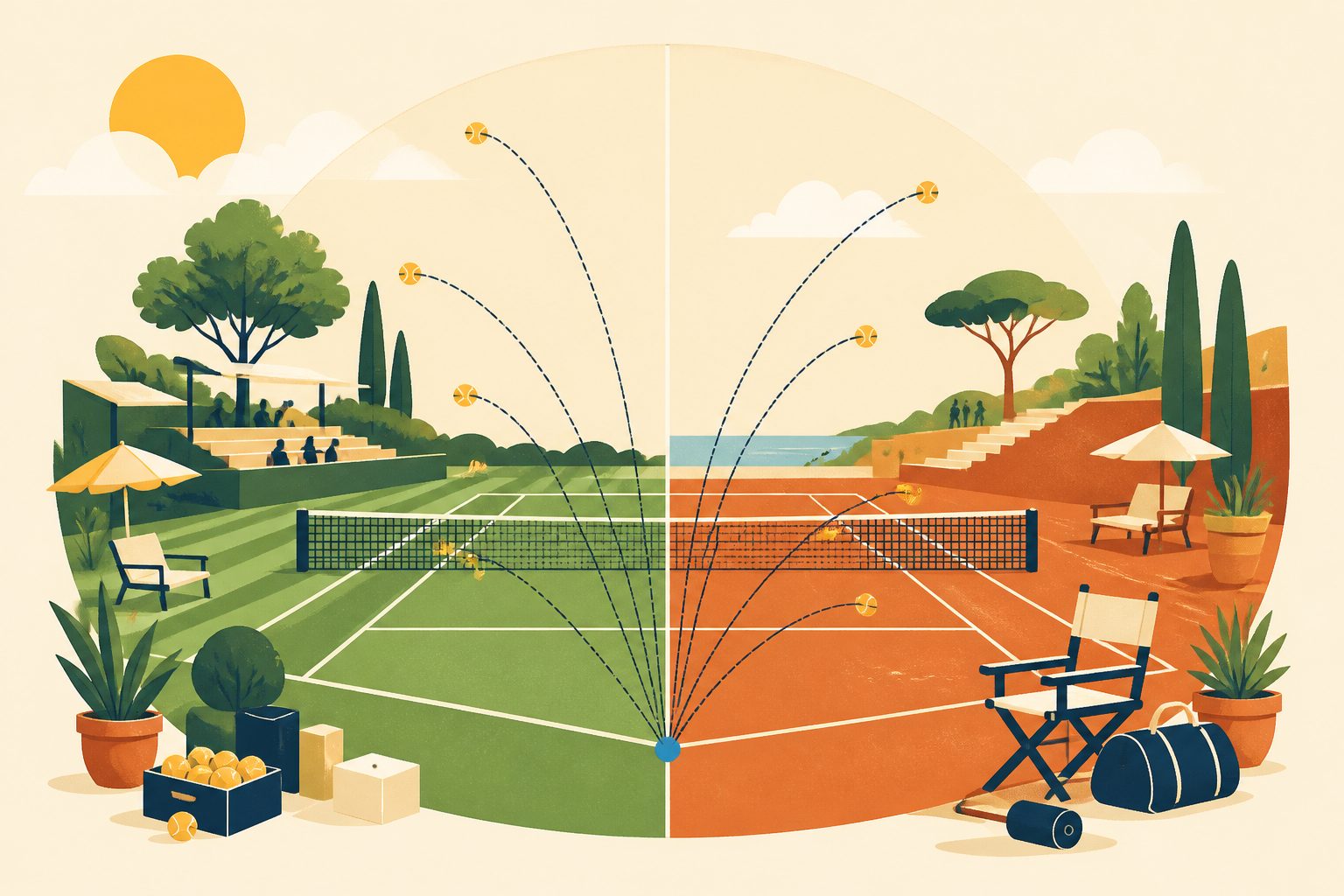 Stylized flat illustration showing a tennis court split into green grass on the left and orange clay on the right with a small blue dot tucked in the corner.