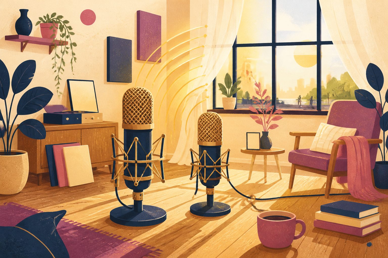 A stylized pair of vintage studio condenser microphones standing on polished oak floorboards under warm morning light, with golden sound wave arcs rising toward a bright window