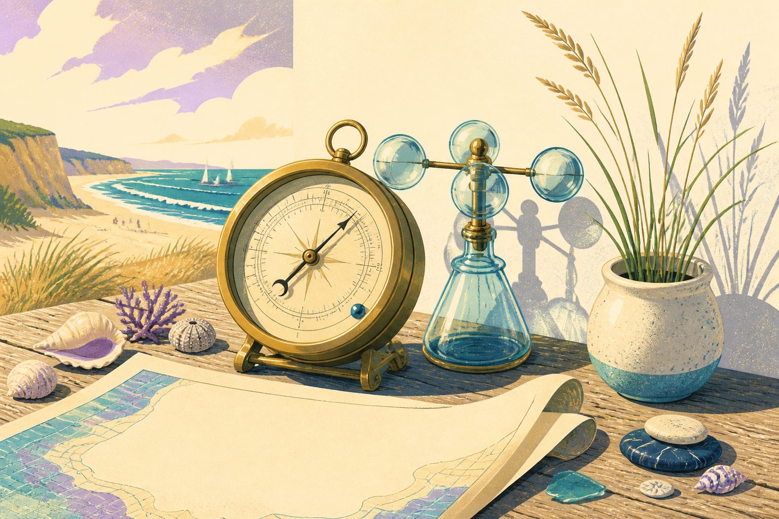 A still-life composition of meteorological instruments, an anemometer dial, a tide gauge marker, and a stylized weather chart in soft violet and teal.