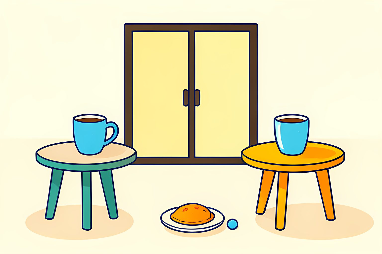 Warm conceptual illustration of two unmarked ceramic coffee cups on separate small tables, with a bright open window between them and a tiny blue dot near a shared pastry plate.