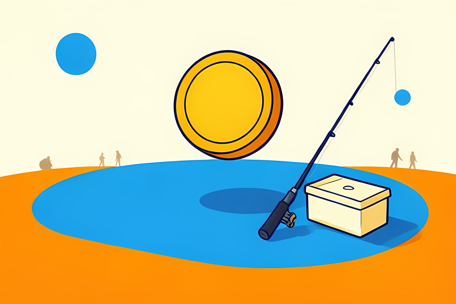A blank golden coin frozen mid-spin above a stylized blue lake, with a fishing rod resting against a plain cream tackle box and a small round blue dot.