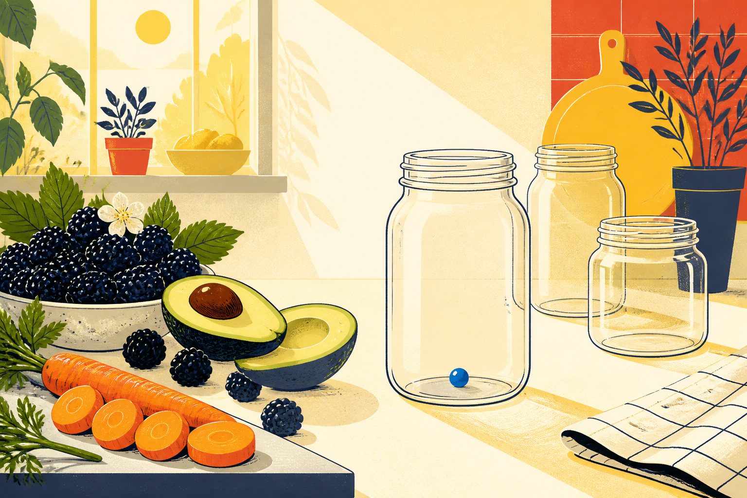 A split visual layout with fresh vibrant berries and avocado on one side and sealed glass kitchen jars on the other under bright warm light.