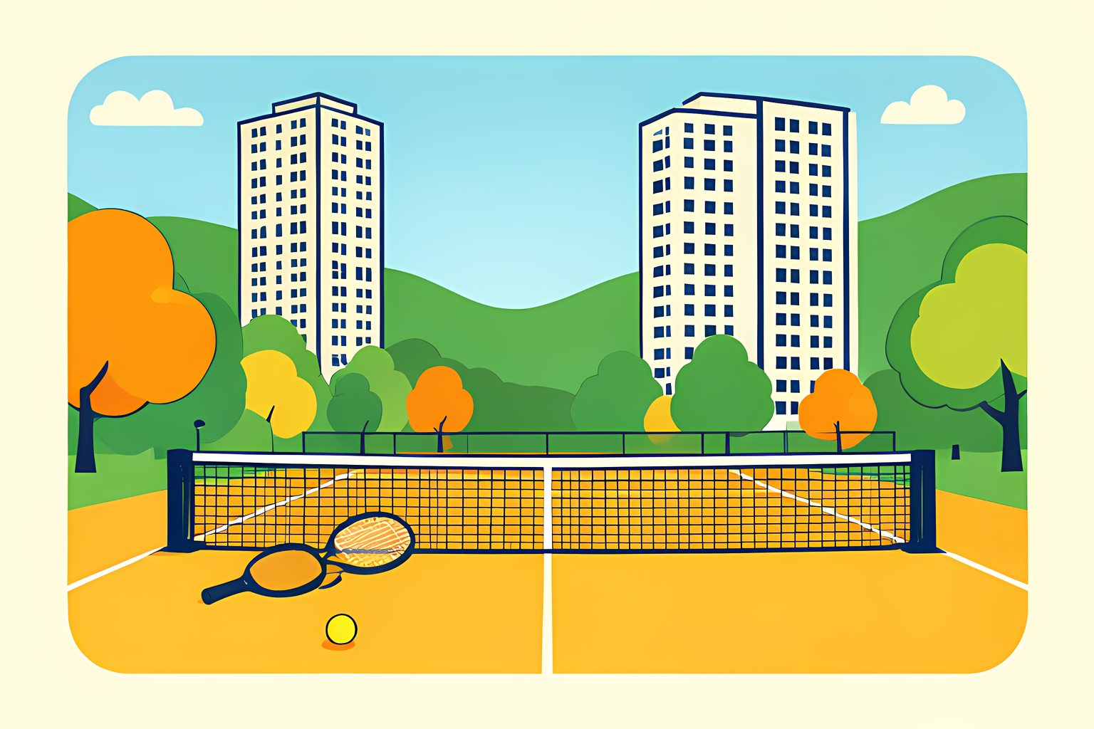 Illustration of a sunny public tennis court in a city park, a small child-sized racket resting against the net post beside a larger adult racket, with tall city towers and green trees behind.