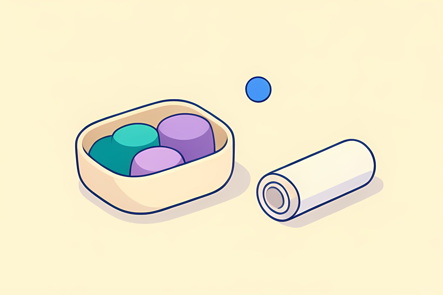 A warm still life of five small rounded colored wooden blocks fitting neatly inside one smooth cream case beside a blank rolled bandage, with a tiny blue dot and no people or text.