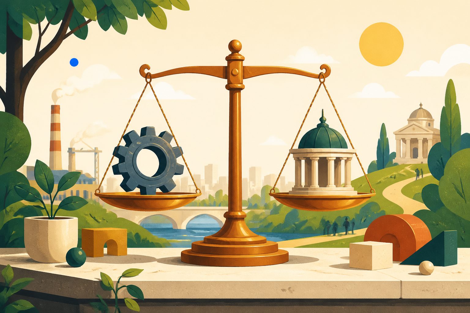 Stylized flat vector illustration of a classic balance scale weighing a factory gear against an architectural dome with warm orange accents.