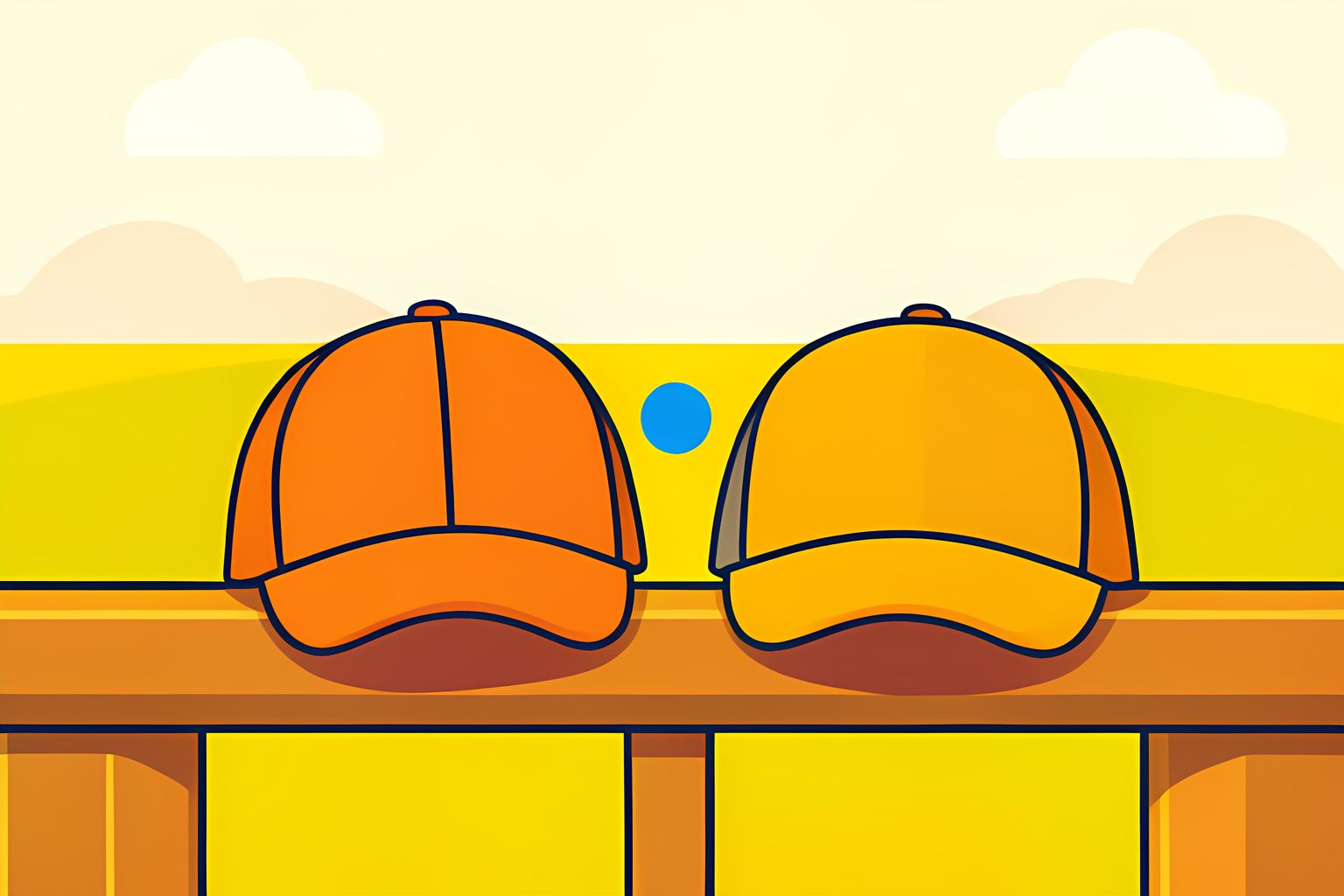 Two baseball caps resting side by side on a dugout railing overlooking a sunlit grass outfield.