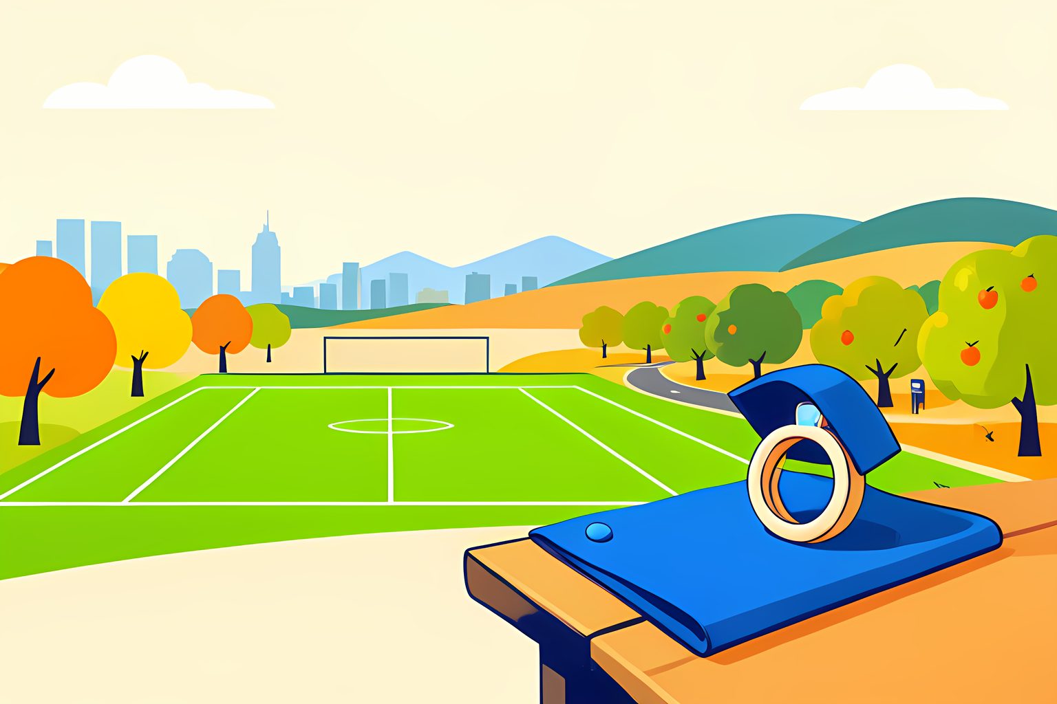 A sunny illustrated scene of a wide green football field beside a waterfront city skyline, with a small glowing championship ring resting on a folded blue towel on the bench in the foreground and a winding road leading off toward distant hills and orchards.