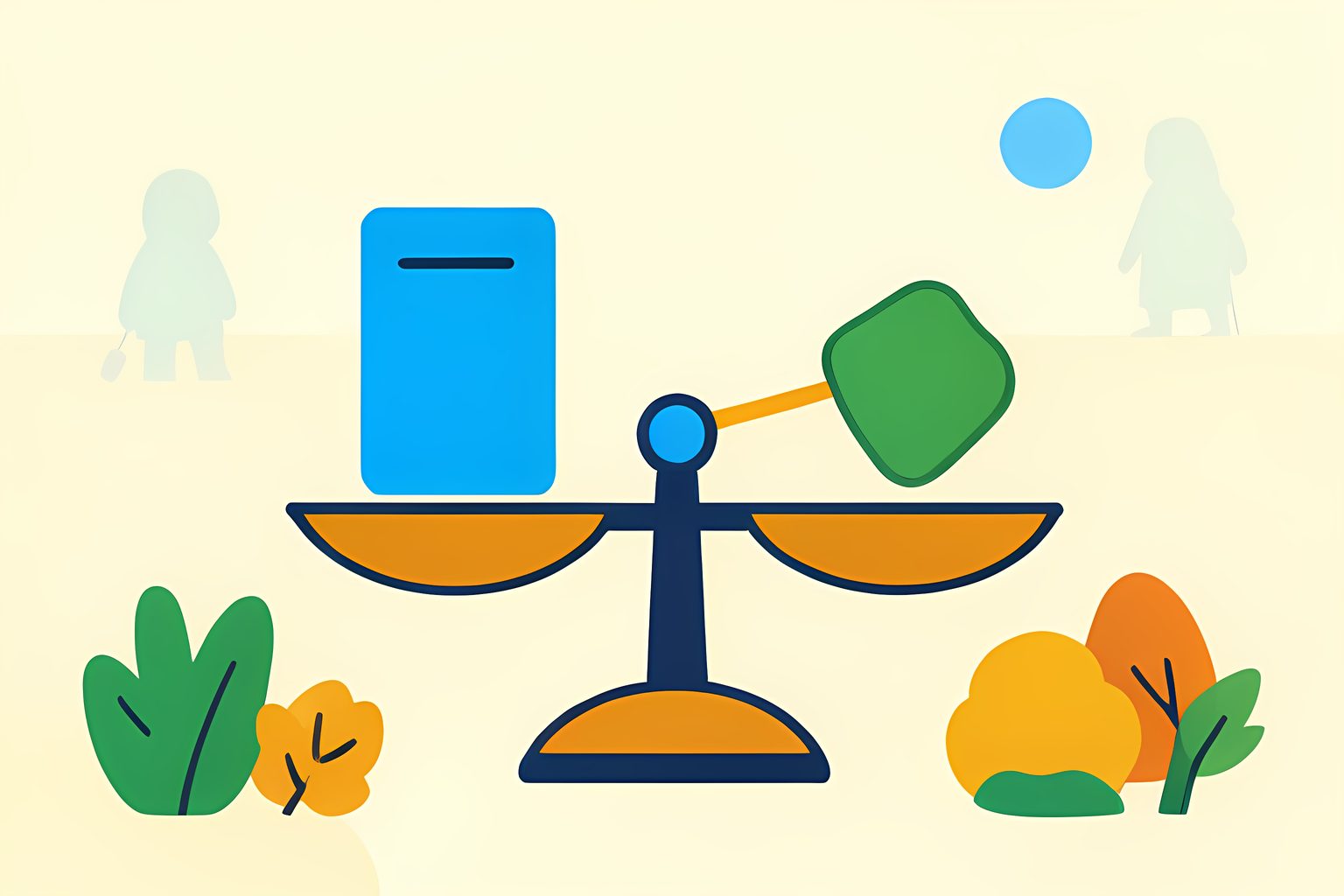 A text-free illustration of two plain shopper cards balanced against a small unmarked ownership token on a scale.